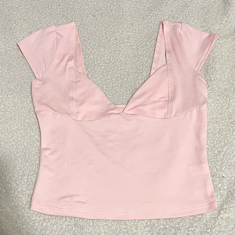 Short Sleeve Low Cut Deep V Neck Top Pink, Small──★
